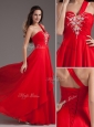 Cheap Empire One Shoulder Red Celebrity Dresses with Beading