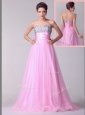 Lovely A Line Brush Train Rose Pink Celebrity Dresses with Beading for Spring