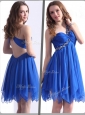 Best One Shoulder Blue Short Prom Dresses with Beading