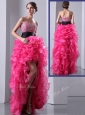 Exquisite High Low Hot Pink Prom Dress with Ruffles