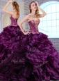 Cute Brush Train Dark Purple Sweet 16 Quinceanera Dresses with Ruffles and Appliques