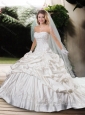 Beautiful Strapless Beading Chapel Train Wedding Dresses with Appliques