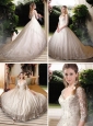 New Style V Neck Half Sleeves Lace Wedding Dresses with Brush Train