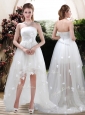 Modern Strapless Appliques and Belt Zipper Up Wedding Dresses with High Low
