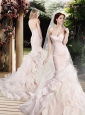 Modest Mermaid Beading and Ruffles Wedding Dresses with Brush Train