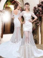 Exquisite Column Scoop Brush Train Appliques Wedding Dresses with Half Sleeves