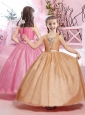 Beautiful Straps Beaded and Belted Champagne Flower Girl Dress with Ankle