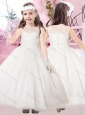 Modern Scoop Applique White Flower Girl Dress in Tulle for 2016