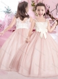 New Baby Pink and White Flower Girl Dress with Appliques and Bowknot