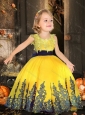 Simple Scoop Tulle Yellow Little Girl Pageant Dress with Appliques and Belt