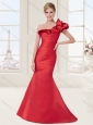 Ruffled One Shoulder Red Evening Dress with Brush Train