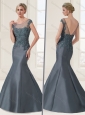 Satin Beaded and Applique Evening Dress with Brush Train