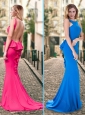 2016 Column Ruffled Blue Backless Prom Dress with Brush Train