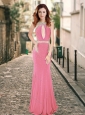 2016 High Neck Beaded Backless Pink Prom Dress with Brush Train
