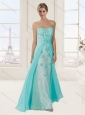 Empire Brush Train Mint Evening Dress with Beading and Appliques