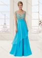 Empire Scoop Cap Sleeves Baby Blue Evening Dress with Beading and Appliques
