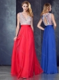 Empire V Neck Red Prom Dress with Appliques and Beading
