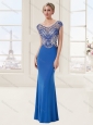 See Through Applique and Beaded Blue Evening Dress with Brush Train