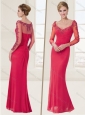 See Through Applique Coral Red Evening Dress with Long Sleeves