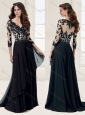 See Through Bodice Column V Neck 3/4-length Sleeves Applique Evening Dress in Black