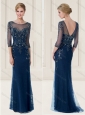 See Through Scoop Lace Applique and Beaded Teal Evening Dress with 3/4-length Sleeves