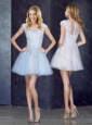 Bateau Applique Light Blue Short Prom Dress with Cap Sleeves