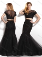 Hot Sale Two Piece Scoop Black Prom Dress with Short Sleeves