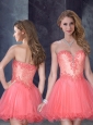 Laced Watermelon Red Prom Dress with Beading and Appliques