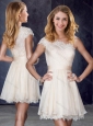 One Shoulder Short Champagne Prom Dress with Lace and Belt