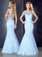 See Through Back Beaded Light Blue Prom Dress with Cap Sleeves