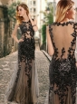 See Through Back Scoop Black Prom Dress with Appliques in Tulle