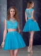Two Piece Short Bateau Teal Prom Dress with Appliques