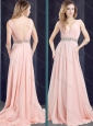Cheap Chiffon Belted with Beading Prom Dress with Deep V Neckline