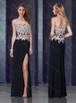 Cheap Column Black Prom Dress with High Slit and Appliques