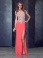 Column Watermelon Red Homecoming Dress with High Slit and Appliques