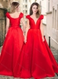 Exquisite Deep V Neckline Cap Sleeves Prom Dress in Red