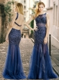 Column Square Beaded Backless Navy Blue Junior Prom Dress in Tulle
