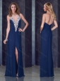 Navy Blue Halter Top Junior Prom Dress with High Slit and Appliques