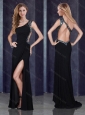 One Shoulder Backless Black Junior Prom Dress with Beading and High Slit