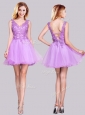 Popular V Neck Organza Backless Applique and Lace Homecoming Dress in Lilac