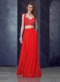 Two Piece Column Straps Red Junior Prom Dress with Appliques