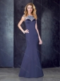 See Through Back Satin Beaded Sexy Prom Dress in Navy Blue