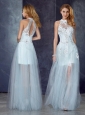 Short Inside Long Outside High Neck Light Blue Sexy Prom Dress with Appliques and Beading