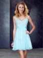 Simple Straps Backless Beaded and Applique Sexy Prom Dress in Light Blue
