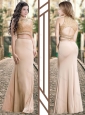 Two Piece Scoop Chiffon Champagne Sexy Prom Dress with Beading