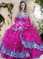 2016 Strapless Zebra and Hot Pink Quinceanera Dresses with Ruffles and Bowknot for Winter