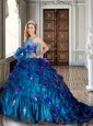 Spaghetti Straps Beaded and Applique Teal Quinceanera Dresses with Brush Train