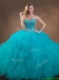 Big Puffy Teal Sweet 16 Gown with Beading and Ruffles