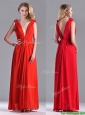 Elegant Deep V Neckline Red Bridesmaid Dress with Hand Crafted Flowers