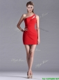 New Arrivals Side Zipper One Shoulder Red Prom Dress with Beading